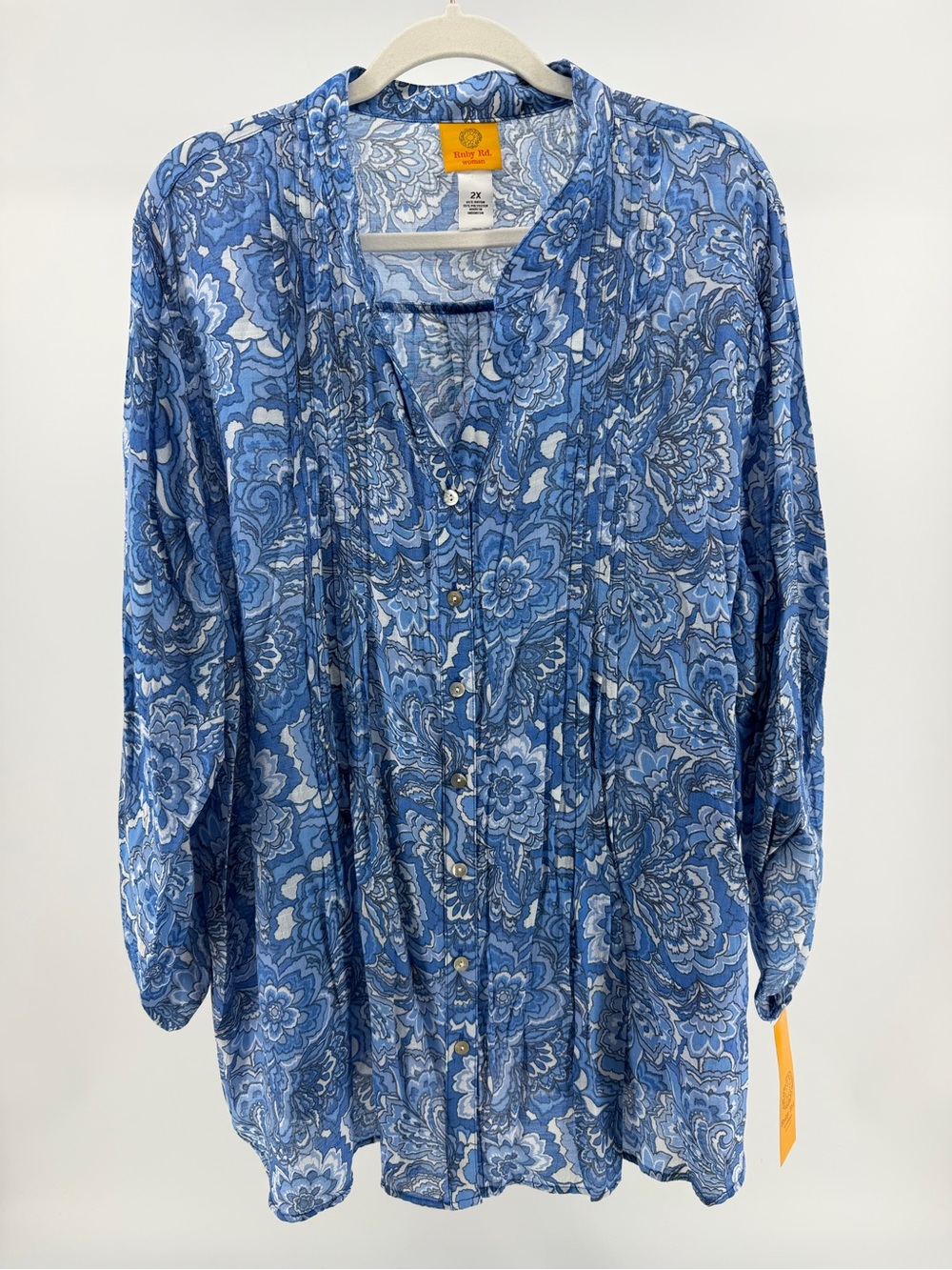 NWT Ruby Rd. Button Front Silky Gauze Floral Print Top Blue Horizon, Women's 2X